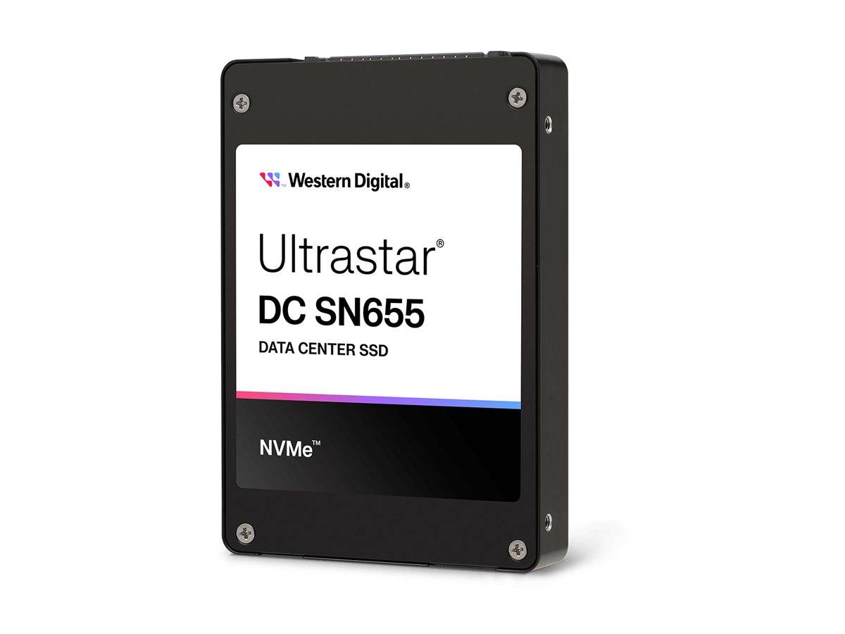 Western Digital Ultrastar DC SN655' Rechenzentrum-SSD-Produktbild mit NVMe-Logo auf einem schwarz-weißen Etikett, das Marke und Modell präsentiert.