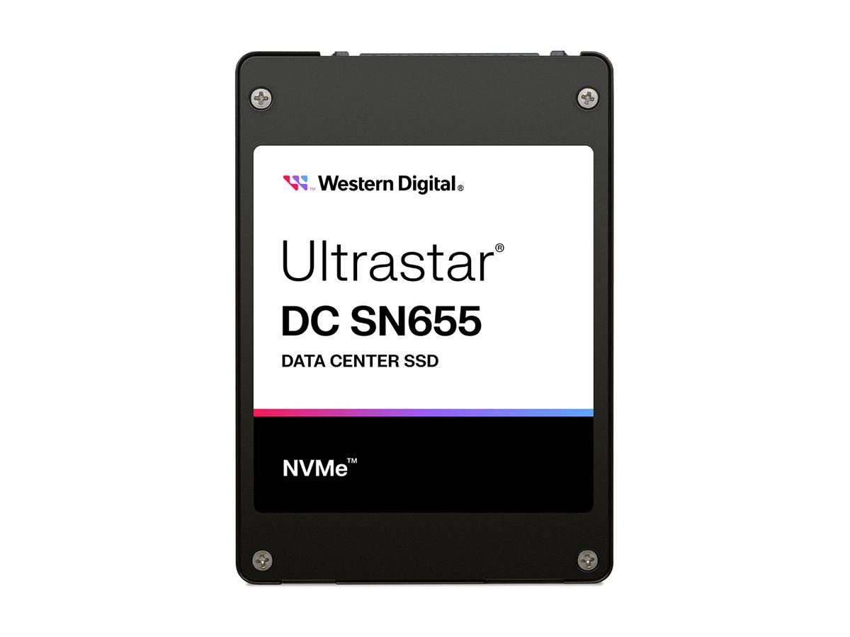 Western Digital Ultrastar DC SN655 Datacenter-SSD mit NVMe-Technologie, von vorne in einem schwarzen Gehäuse gezeigt.