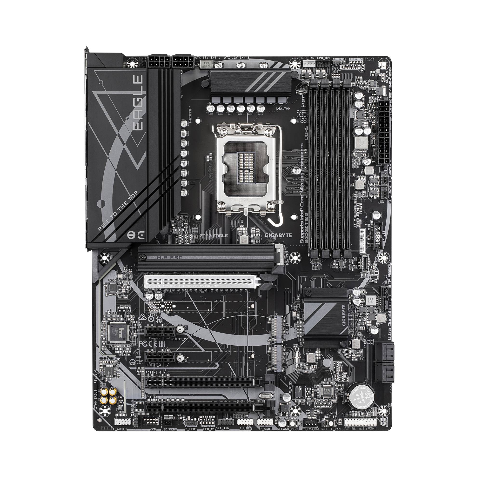 Schwarzes Gigabyte EAGLE Motherboard mit Intel-CPU-Sockel, vier RAM-Steckplätzen, PCIe-Steckplätzen und M.2-/Anschluss-Headern.