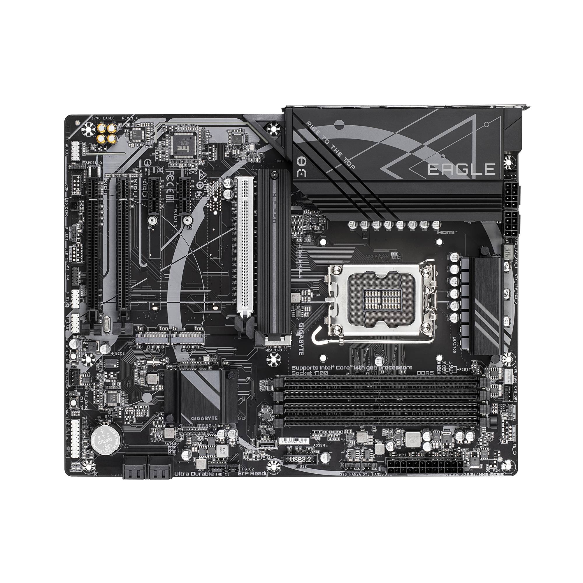 Gigabyte EAGLE Desktop-Mainboard mit Intel-CPU-Sockel, RAM-Steckplätzen, PCIe-Steckplätzen und Kühlkörpern auf schwarzem Hintergrund.