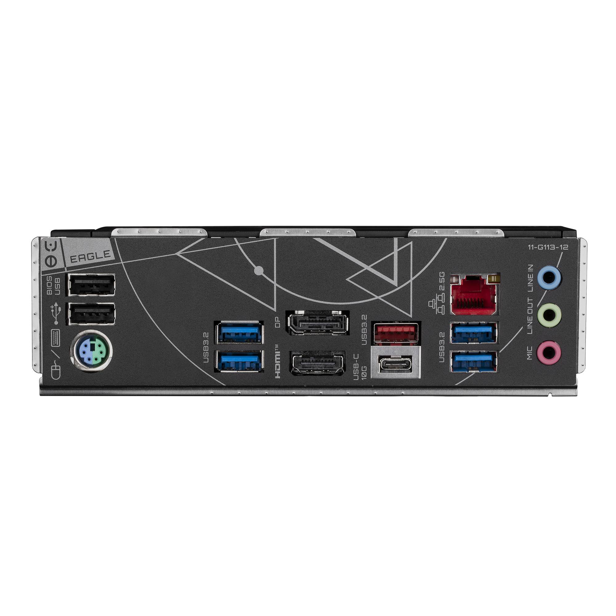 Rückseiten-E/A-Panel eines Eagle-Motherboards mit mehreren USB-Anschlüssen, Ethernet, Anzeigeausgängen und farbcodierten Audiobuchsen.