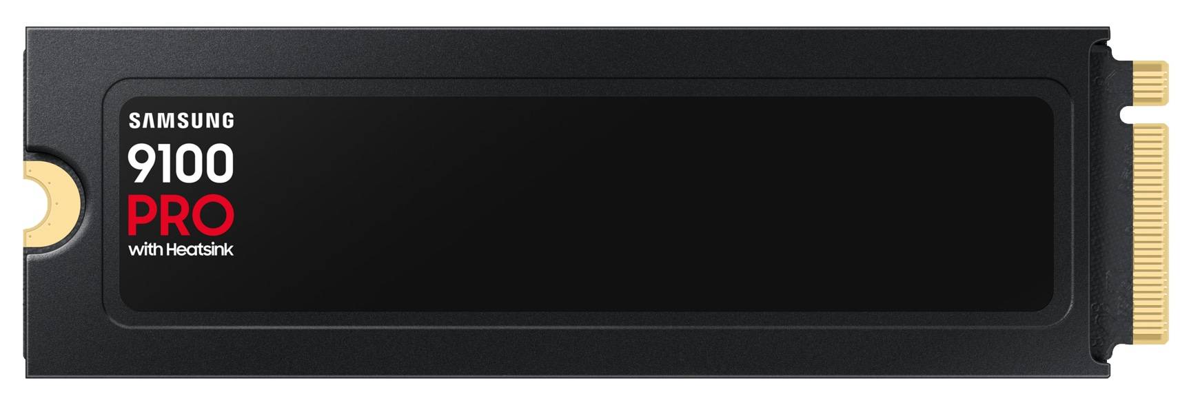 Samsung 9100 PRO Solid-State-Laufwerk mit Kühlkörper, dargestellt als schwarzes M.2-SSD-Modul mit vergoldeter Anschlussleiste.