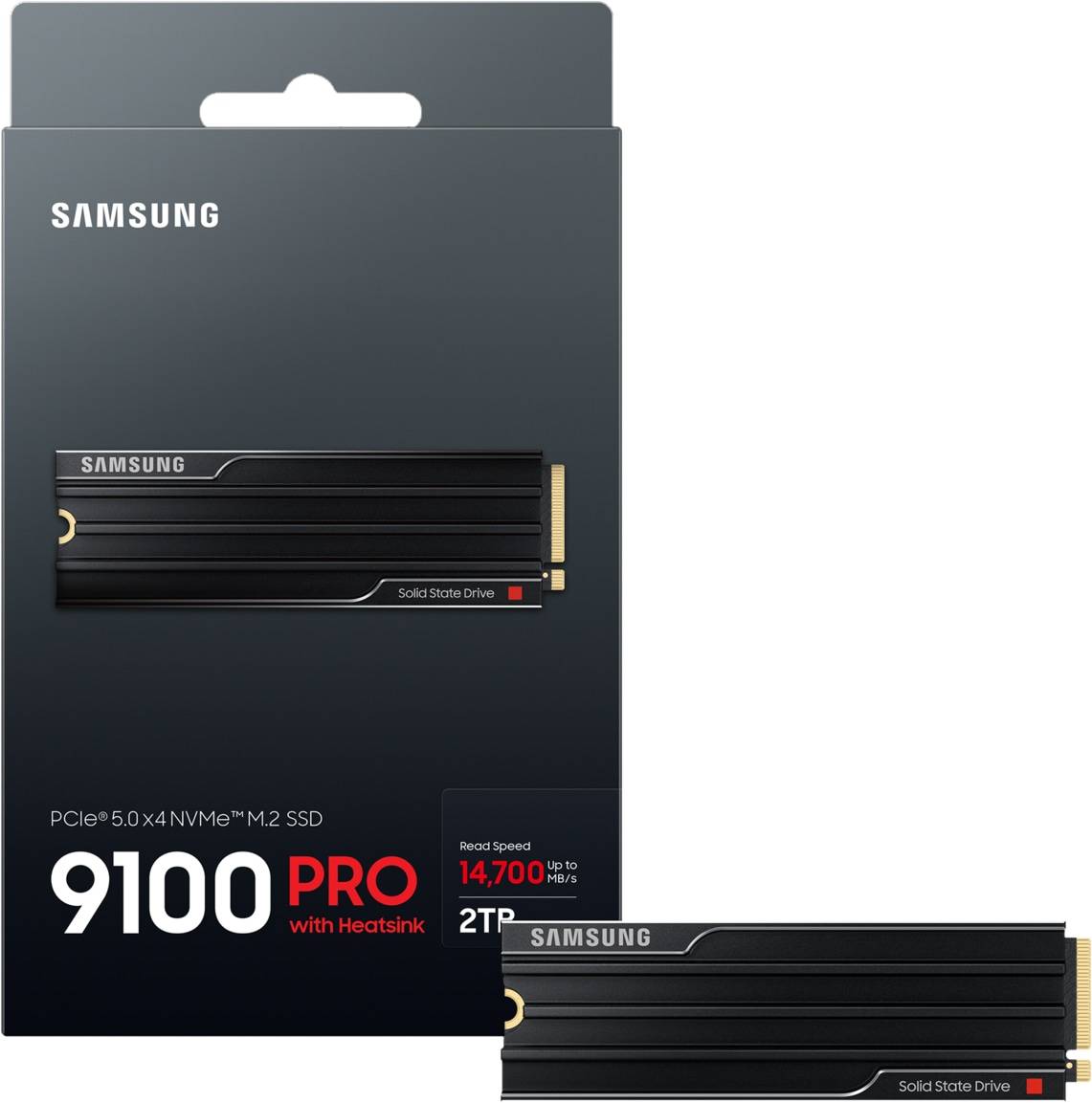 Samsung 9100 PRO 2TB PCIe 5.0 NVMe M.2 SSD mit Kühlkörper in Vorder- und Seitenansicht der Verpackung dargestellt.