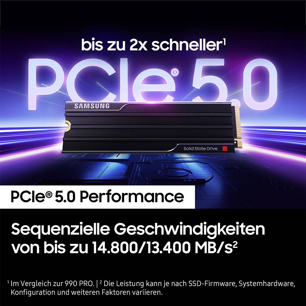 Samsung PCIe 5.0 SSD-Anzeige mit dem Text „bis zu 2x schneller