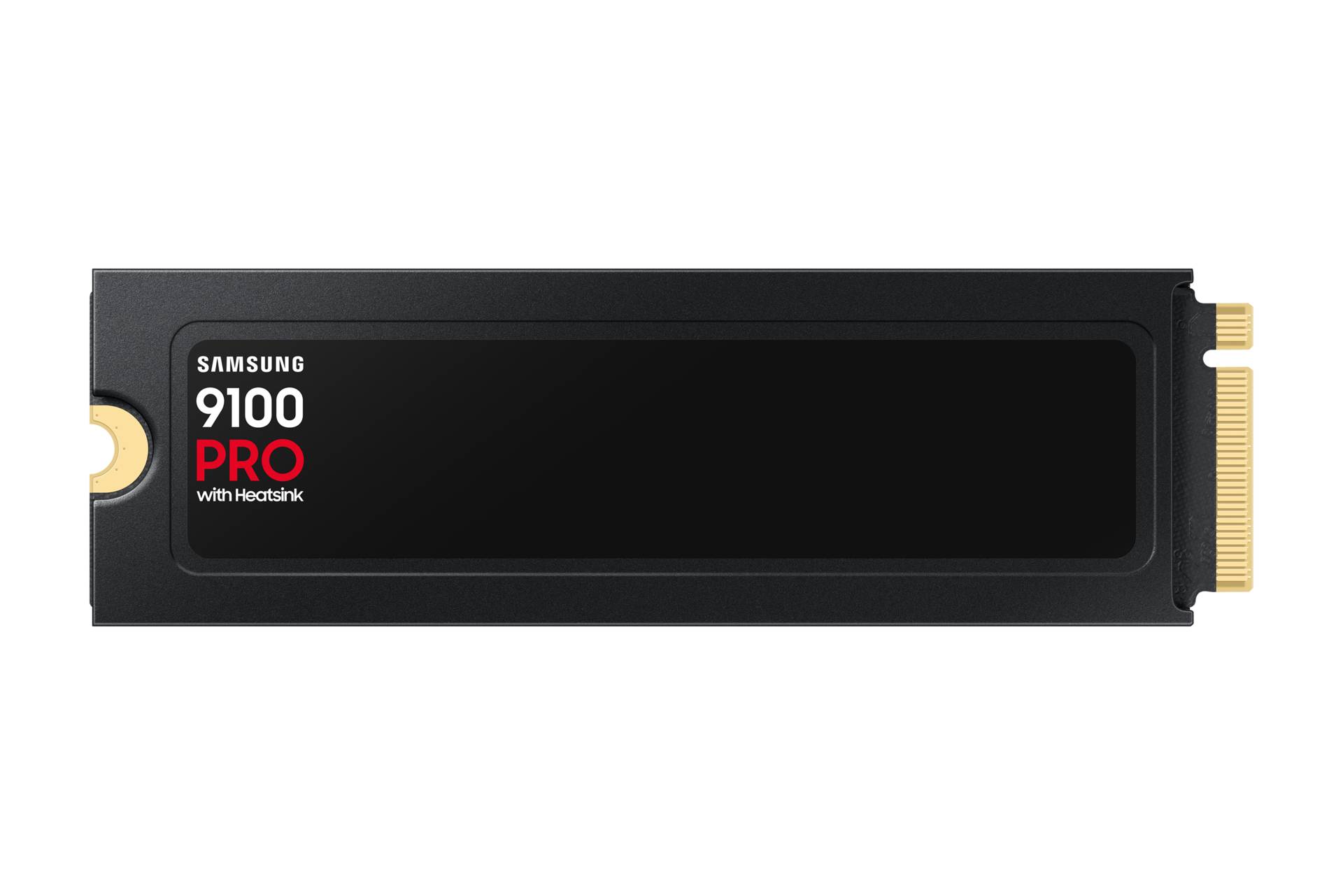 Samsung 9100 PRO SSD mit Kühlkörper, in Schwarz dargestellt mit goldenen Anschlüssen auf der rechten Seite.