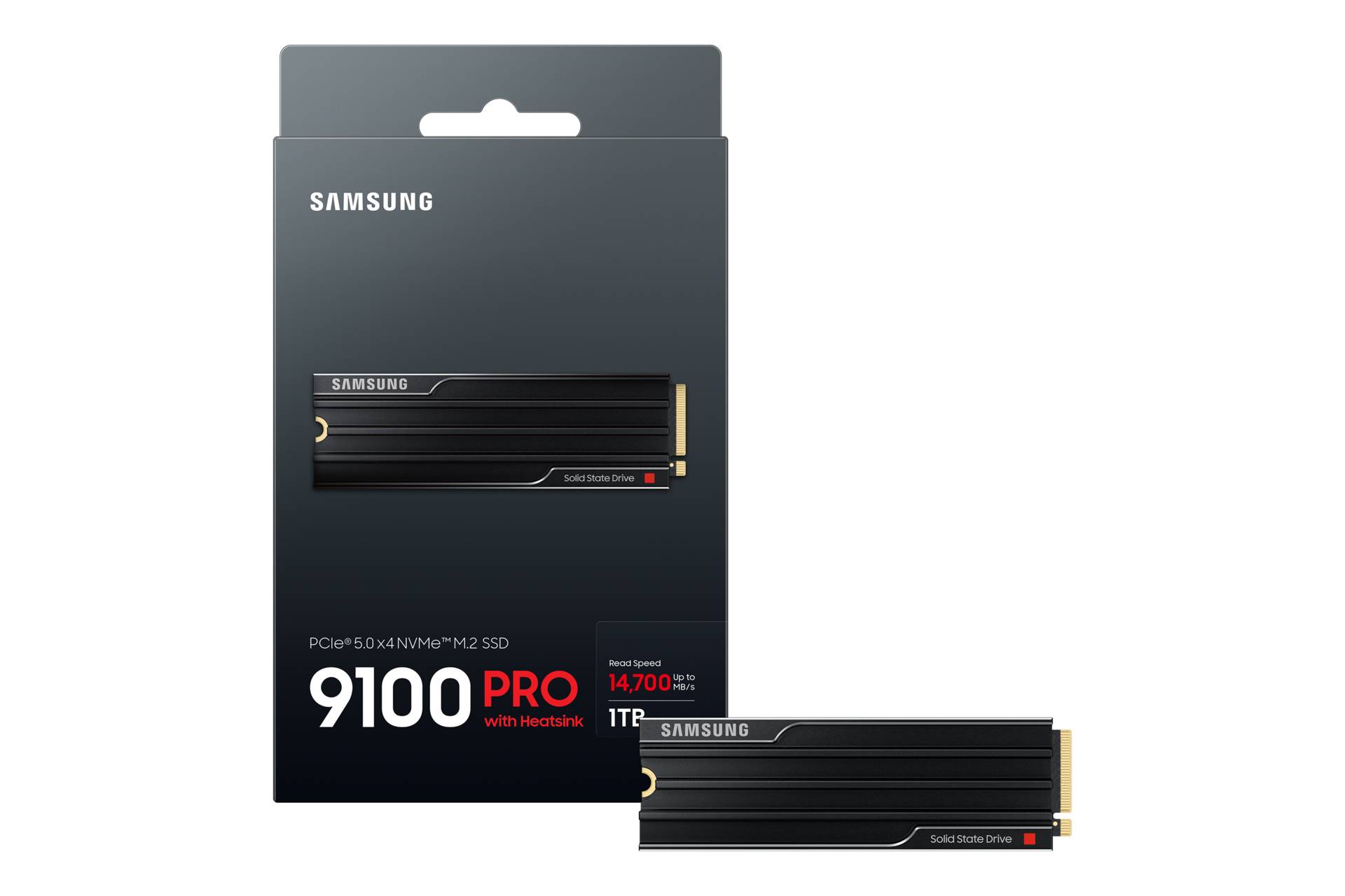 Samsung 9100 PRO mit Heatsink PCIe 5.0 NVMe M.2 SSD Verpackung und das Laufwerk vorne auf schwarzem Hintergrund.