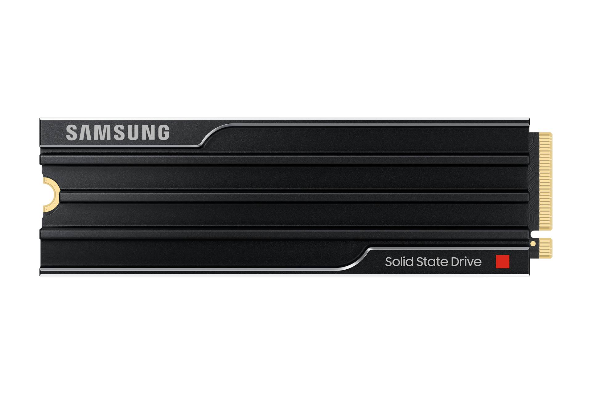 Samsung-Festplattenlaufwerk in Schwarz mit Samsung-Branding und Etikett für Solid-State-Drive.