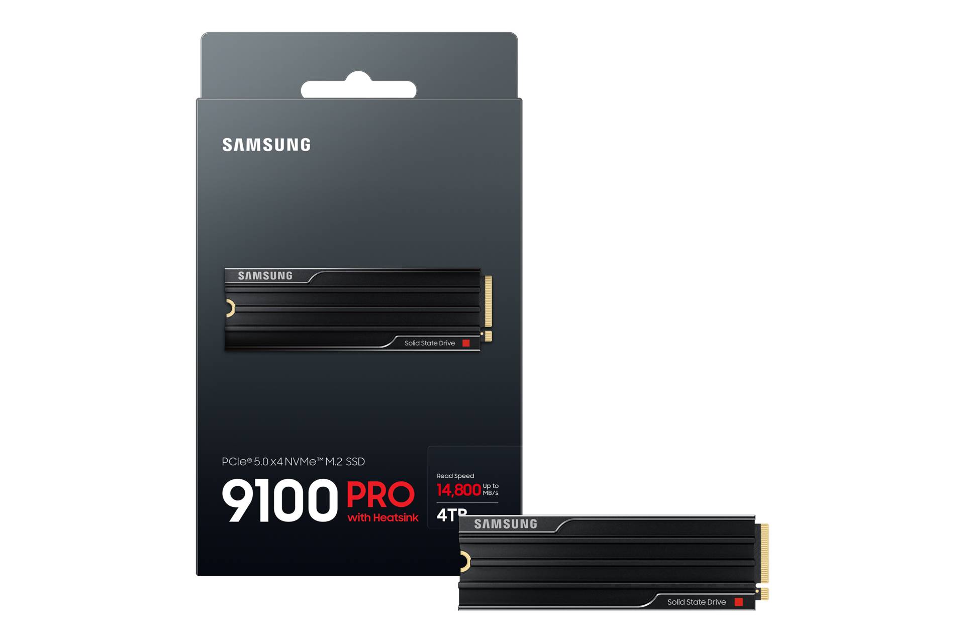 Samsung 9100 PRO PCIe 5.0 NVMe M.2 SSD Verpackung mit einem Produktbild, das 4TB und 14.800 MB/s Lesegeschwindigkeit zeigt, sowie das SSD-Laufwerk davor.