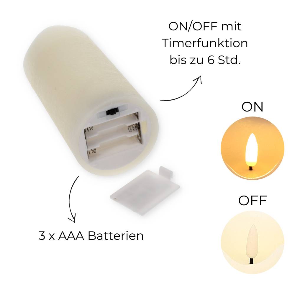 LED Echtwachskerze mit Timer Echtwachs Kerze Creme Weiß Batterie Flackereffekt beweglicher Flamme flammenlose Kerze batteriebetrieben 7,5 x 12,5 cm