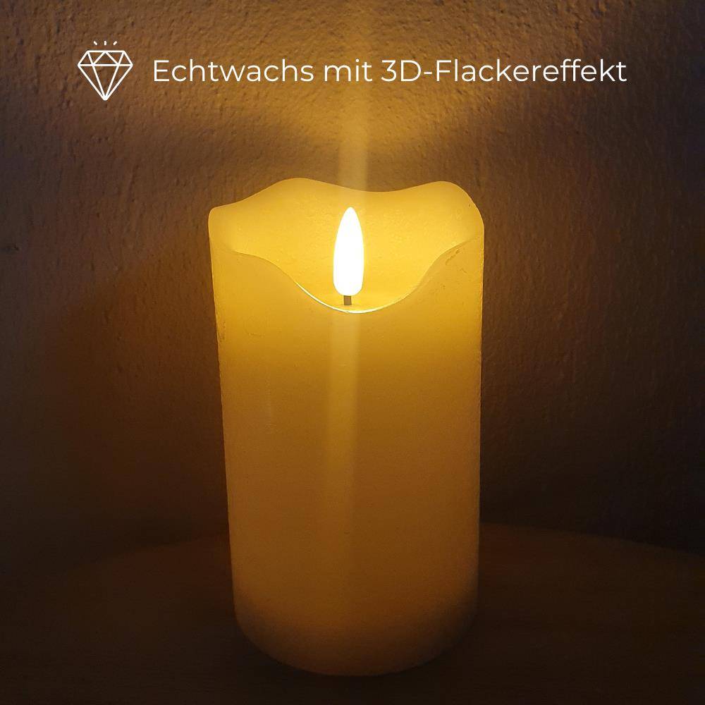 LED Echtwachskerze mit Timer Echtwachs Kerze Creme Weiß Batterie Flackereffekt beweglicher Flamme flammenlose Kerze batteriebetrieben 7,5 x 12,5 cm