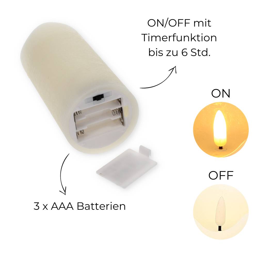 LED Echtwachskerze mit Timer Echtwachs Kerze Creme Weiß Batterie Flackereffekt beweglicher Flamme flammenlose Kerze batteriebetrieben 7,5 x 15 cm