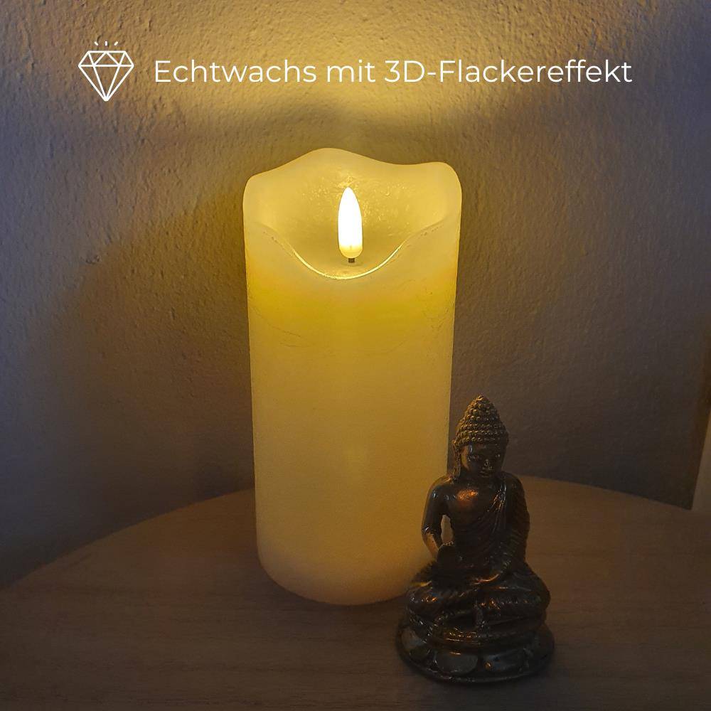 LED Echtwachskerze mit Timer Echtwachs Kerze Creme Weiß Batterie Flackereffekt beweglicher Flamme flammenlose Kerze batteriebetrieben 7,5 x 15 cm