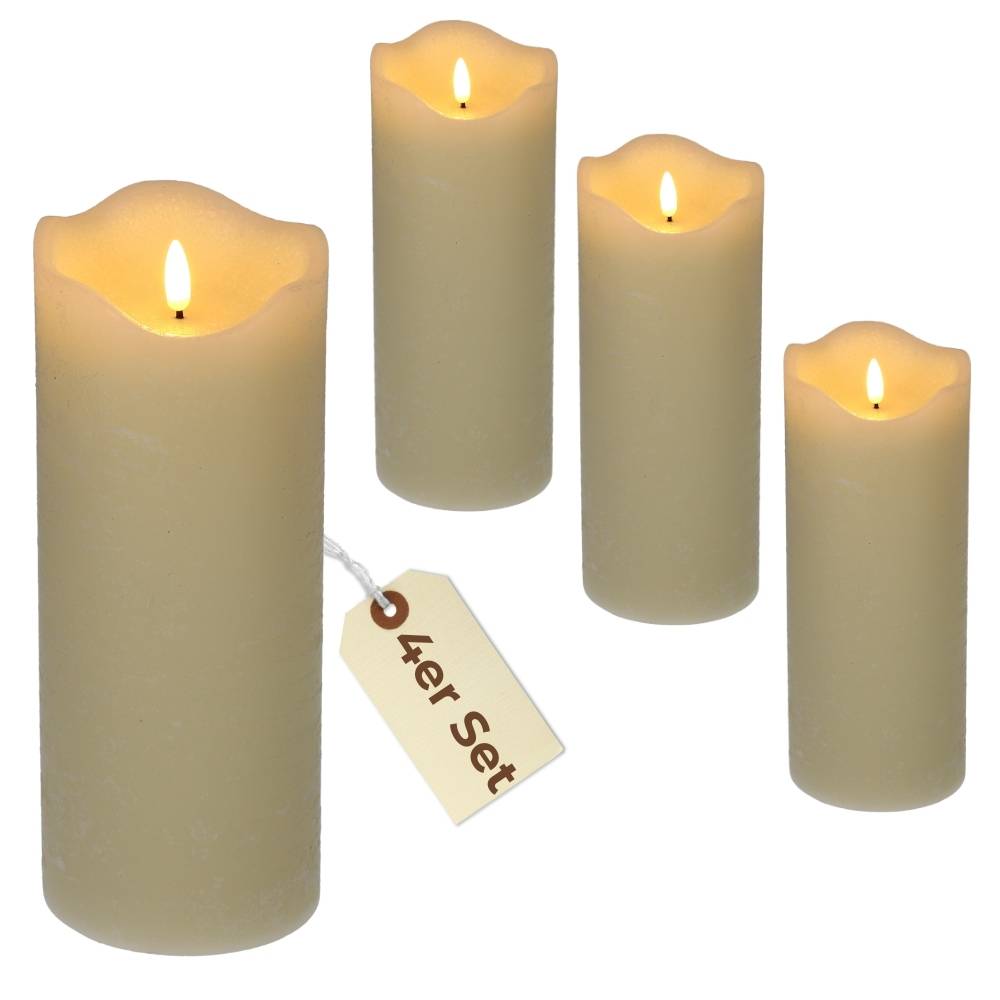 4er Set Echtwachskerzen mit beweglicher Flamme und Timer Led Echtwachskerzen flackernde Flamme flammenlose Kerze Creme Weiß 10 x 20 cm