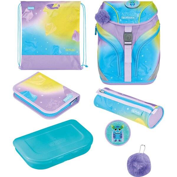 Satz aus pastellfarbenen Schulutensilien: Rucksack, Turnbeutel, Federtasche, Lunchbox, rundes Abzeichen und violetter Pompon-Schlüsselanhänger.