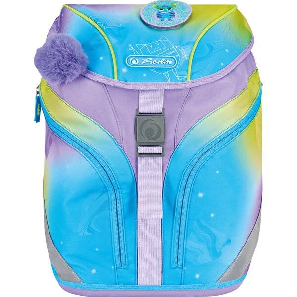 Farbenfroher Kinderrucksack mit blau-violettem Farbverlauf, vorderen Reißverschlusstaschen, zentralem Schnallengurt und flauschigem Pompon-Anhänger.