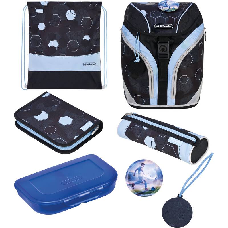 Ein schwarzer und blauer Schulrucksack-Set mit Sechseckmuster, enthält einen Rucksack, Turnbeutel, Federmäppchen, Brotdose und einen Ball.