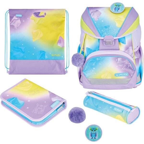 Pastellfarbenes Schulranzen-Set mit Rucksack, Turnbeutel, Federmäppchen, Reißverschlusstasche, Pompon-Anhänger und rundem Patch mit Cartoon-Monster-Motiv.