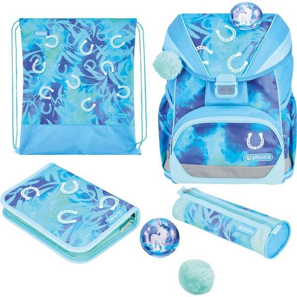 Blaues Schulrucksack-Set mit Kordelzugtasche, Rucksack, Federmappe und Zubehör mit Pferd- und Hufeisenmuster.