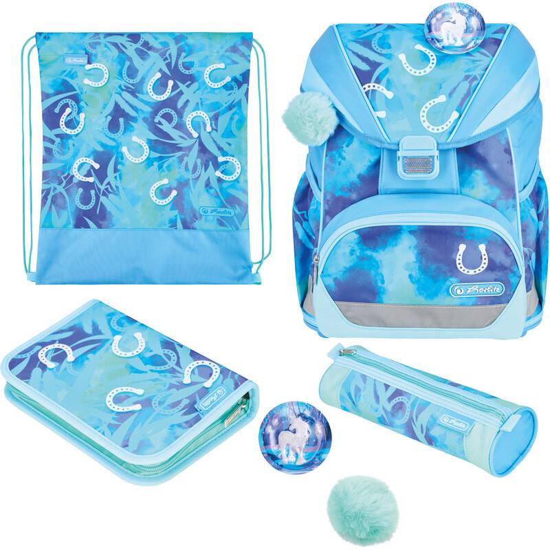 Blau und türkis gehaltenes Schulranzen-Set mit Rucksack, Turnbeutel, Federmäppchen, Notizbuch und Zubehör mit Hufeisenmuster.