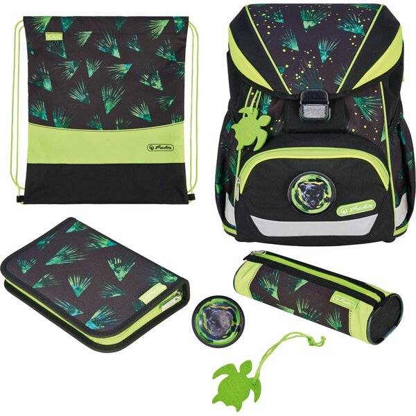 Schwarzes und neongrünes Schulset mit Rucksack, Turnbeutel, Federmäppchen, rundem Anstecker und kleinem Täschchen mit Neon-Blattmuster.