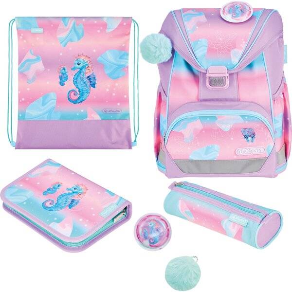 Pastellfarbenes, einhorn-thematisiertes Schulset mit Rucksack, Turnbeutel, Federmäppchen, Reißverschlusstasche und Pompon-Anhänger.