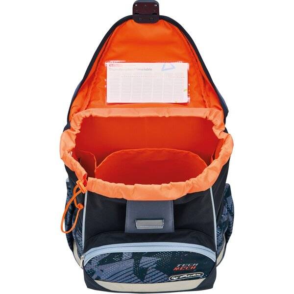 Rucksack mit orangefarbenem Innenraum und Vordertasche mit Organizer, dargestellt vor weißem Hintergrund.