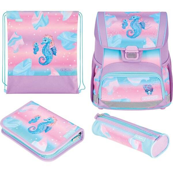 Pastellrosa und blauem Schulset mit Seepferd-Design auf einem Rucksack, Turnbeutel, Federmäppchen und verschlossener Tasche.