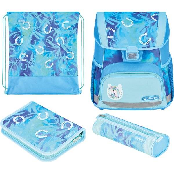 Blaues Schulrucksack-Set mit passendem Beutel mit Kordelzug, Federmäppchen und Reißverschlusstasche mit weißen Hufeisenmuster und Pastellakzenten.