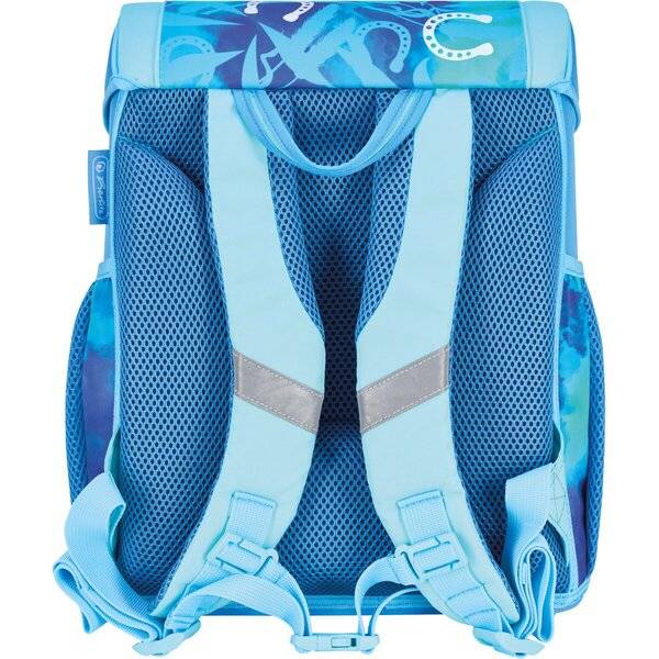 Hellblauer Kinderrucksack mit Mesh-Rückenpolsterung, gepolsterten Schultergurten, Seitentaschen und Griffgriff oben, Vorderansicht.