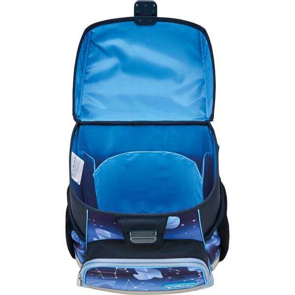 Offener blauer Schulrucksack mit isoliertem Lunchfach und äußerer Vordertasche, gezeigt vor weißem Hintergrund.