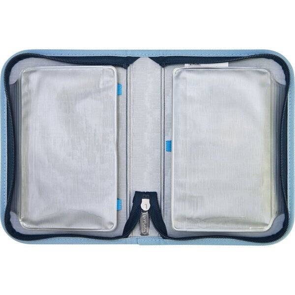Offene Reißverschluss-Organizer-Tasche mit zwei klaren Kunststofftaschen in einer blaukantigem Stoffüberzug