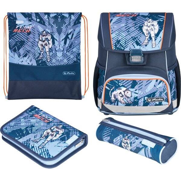 Vier blaue Schultaschen und Zubehör mit einer „Tech Mech
