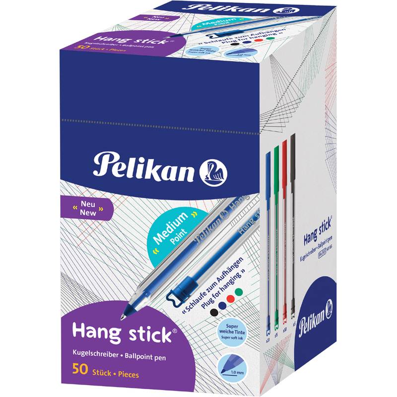 Pelikan Hang-Stick-Kugelschreiber, Packung mit 50 Stück, mit mittlerer Spitze und blauer Tinte wie auf der Schachtel abgebildet.