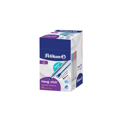 Pelikan Hängstift-Stiftbox, gezeigt als Produktpaket mit 50 Stiften in einer weiß-lila Box.
