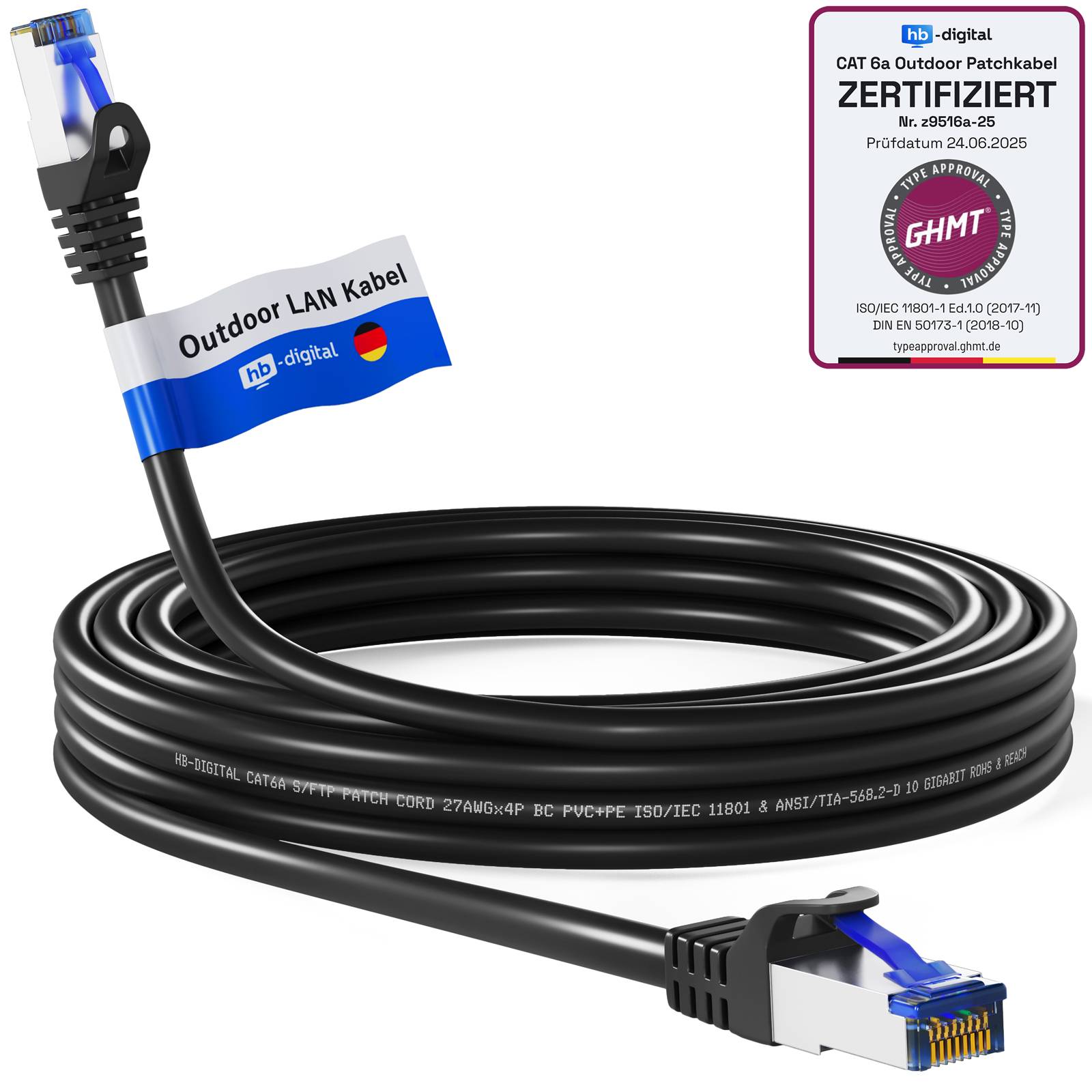 hb-digital Patch Kabel 12m CAT 6a für Außenbereich S/FTP PVC PE