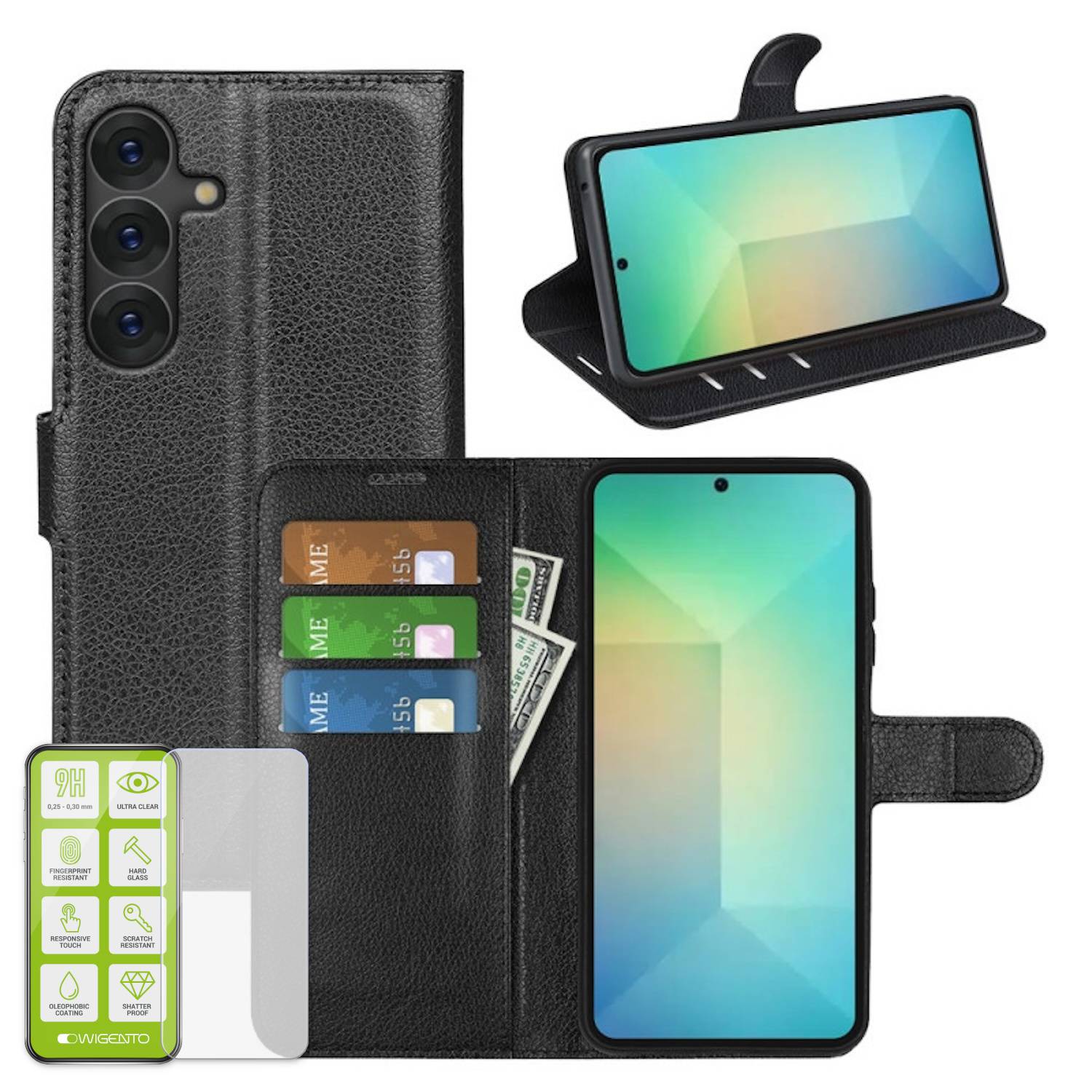 Für Samsung Galaxy S25 Plus 5G Kunstleder Book Wallet Tasche Schwarz + Hart Glas