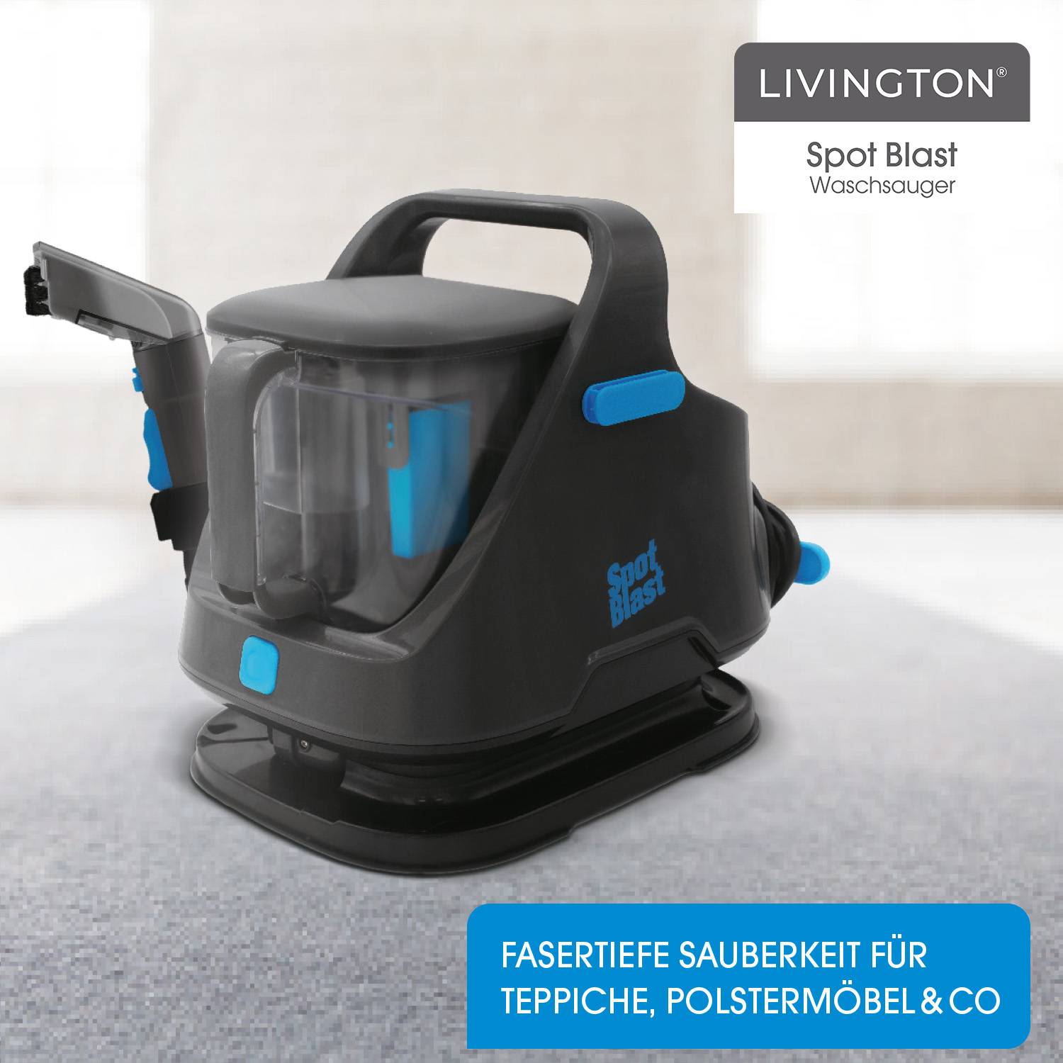 Livington SpotBlast - Waschsauger & Fleckenreiniger für Teppich, Sofa, Polster & Auto - leistungsstarker Polsterreiniger mit 3in1 Bürste - Teppichre