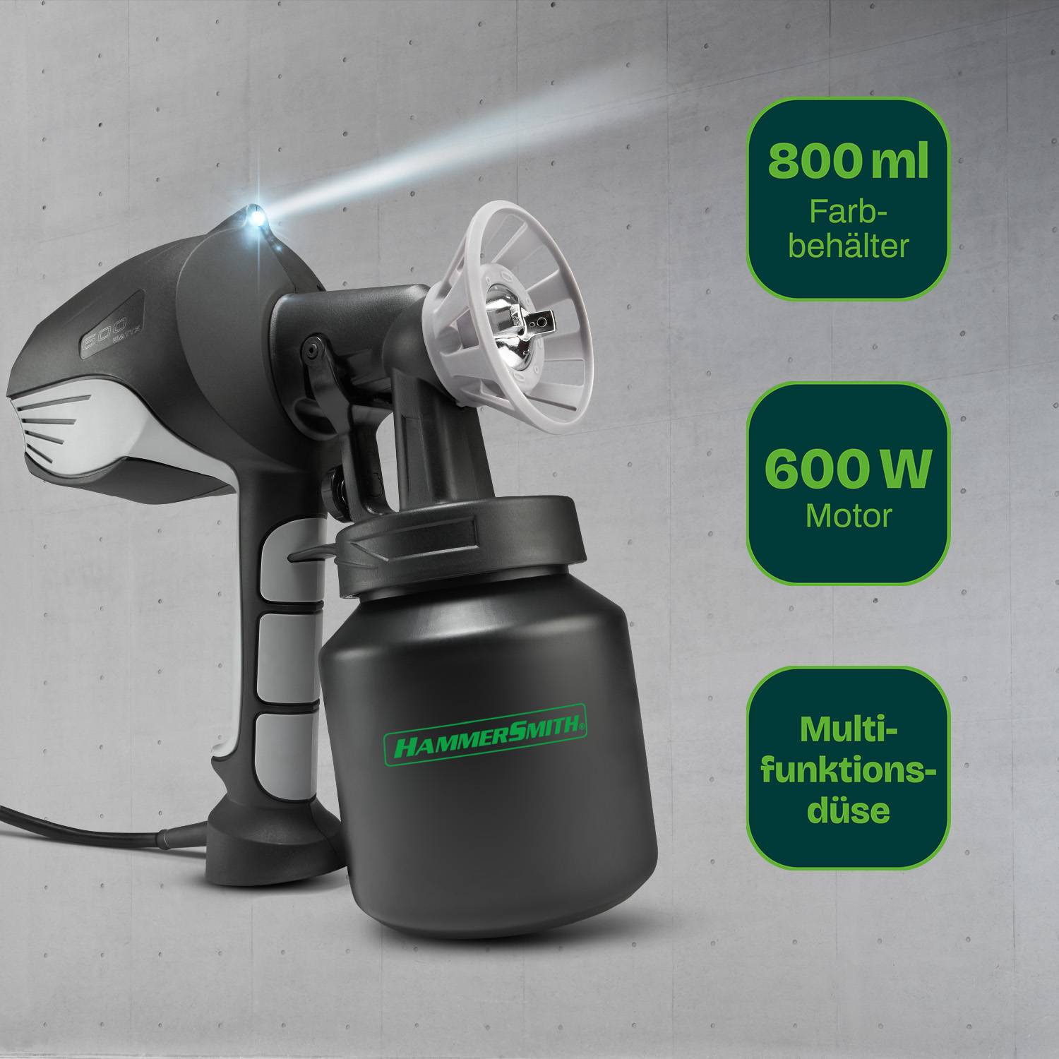 Hammersmith PaintBlast - professionelles Farbergebnis auf Knopfdruck - Farbsprühsystem mit 800ml Behälter - sparsame Lackierpistole mit LED Licht