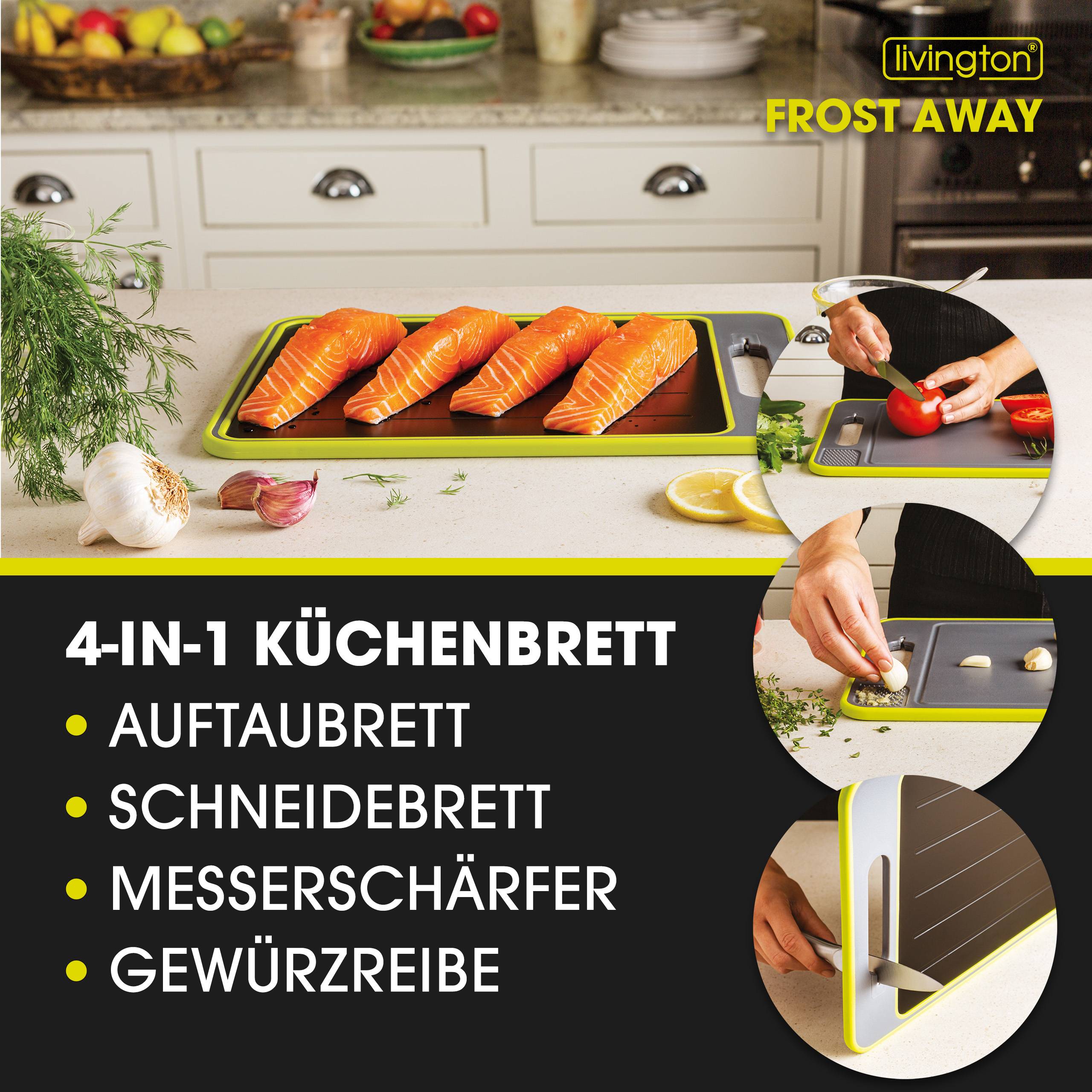 Livington Frost Away Schneidebrett mit Auftaufunktion, Messerschärfer und Gewürzreibe - Auftauplatte – Auftaubrett – beschleunigtes Auftauen v