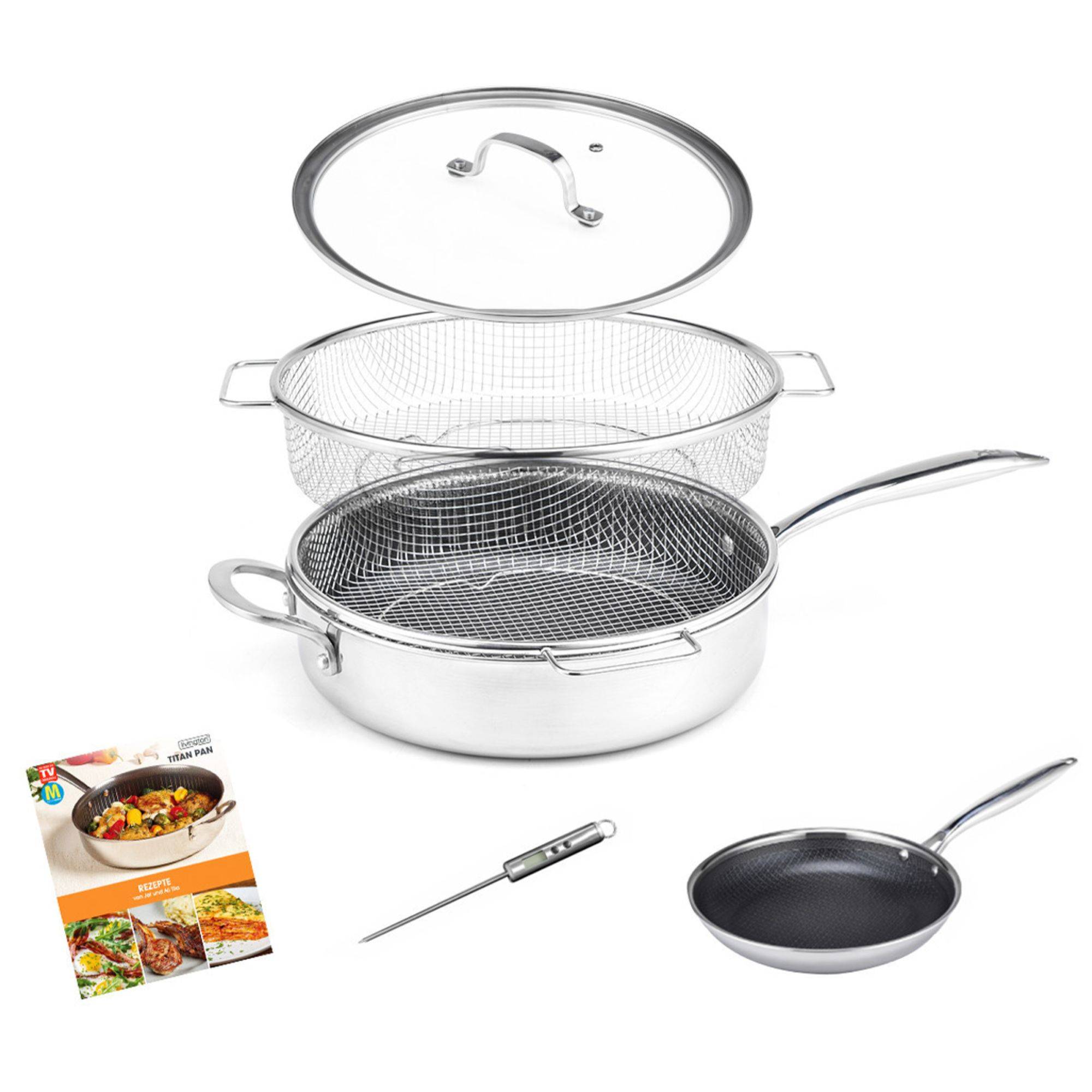 LIVINGTON Titan Pan Pfannenset - 28cm hohe Pfanne mit Deckel + 20cm Bratpfanne - Schmorpfanne - edelstahl - spülmaschinengeignet - Anti-Haft
