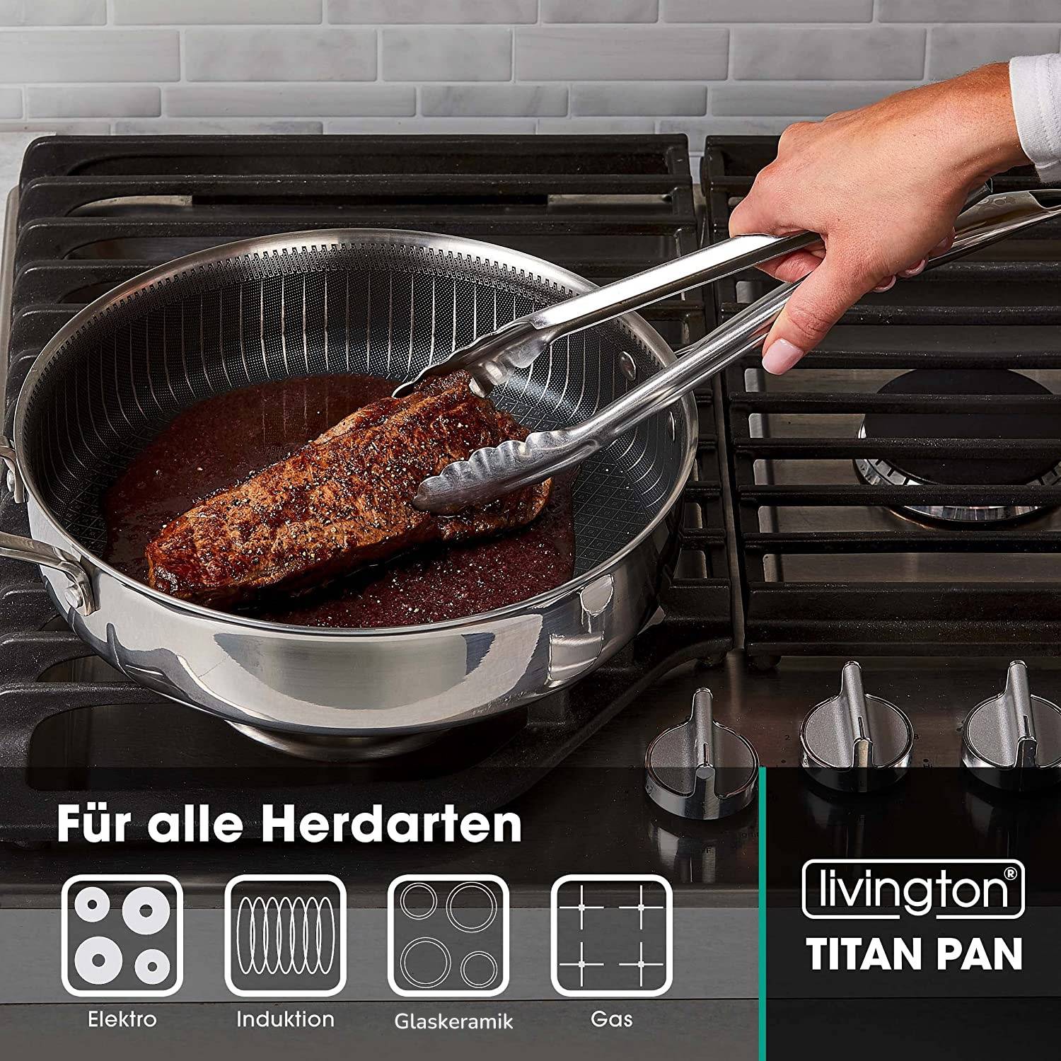 LIVINGTON Titan Pan Pfannenset - 28cm hohe Pfanne mit Deckel + 20cm Bratpfanne - Schmorpfanne - edelstahl - spülmaschinengeignet - Anti-Haft