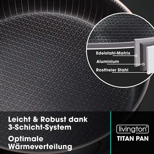 LIVINGTON Titan Pan Pfannenset - 28cm hohe Pfanne mit Deckel + 20cm Bratpfanne - Schmorpfanne - edelstahl - spülmaschinengeignet - Anti-Haft LIVINGTON Titan Pan Pfannenset - 28cm hohe Pfanne mit Deckel + 20cm Bratpfanne - Schmorpfanne - edelstahl - spülmaschinengeignet - Anti-Haft