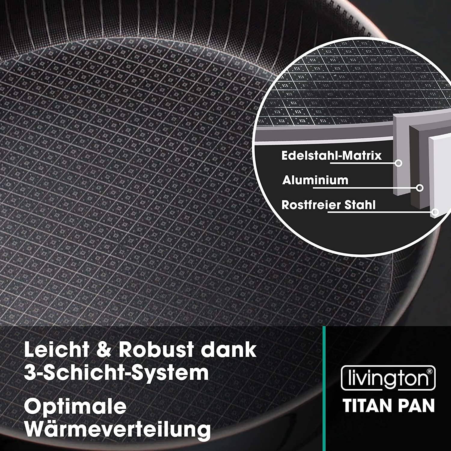 Livington Titan Pan - Große Pfanne mit Deckel 28 cm - hohe Servierpfanne - Hochrandpfanne mit Diamantpartikel - edelstahl - große Schmorpfanne inkl