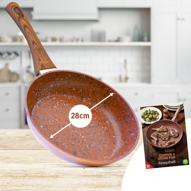 LIVINGTON Copper & Stone Pan Glasdeckel - Das Original aus dem TV - 28cm - für gleichmäßige Hitzeverteilung - Spülmaschinengeeignet