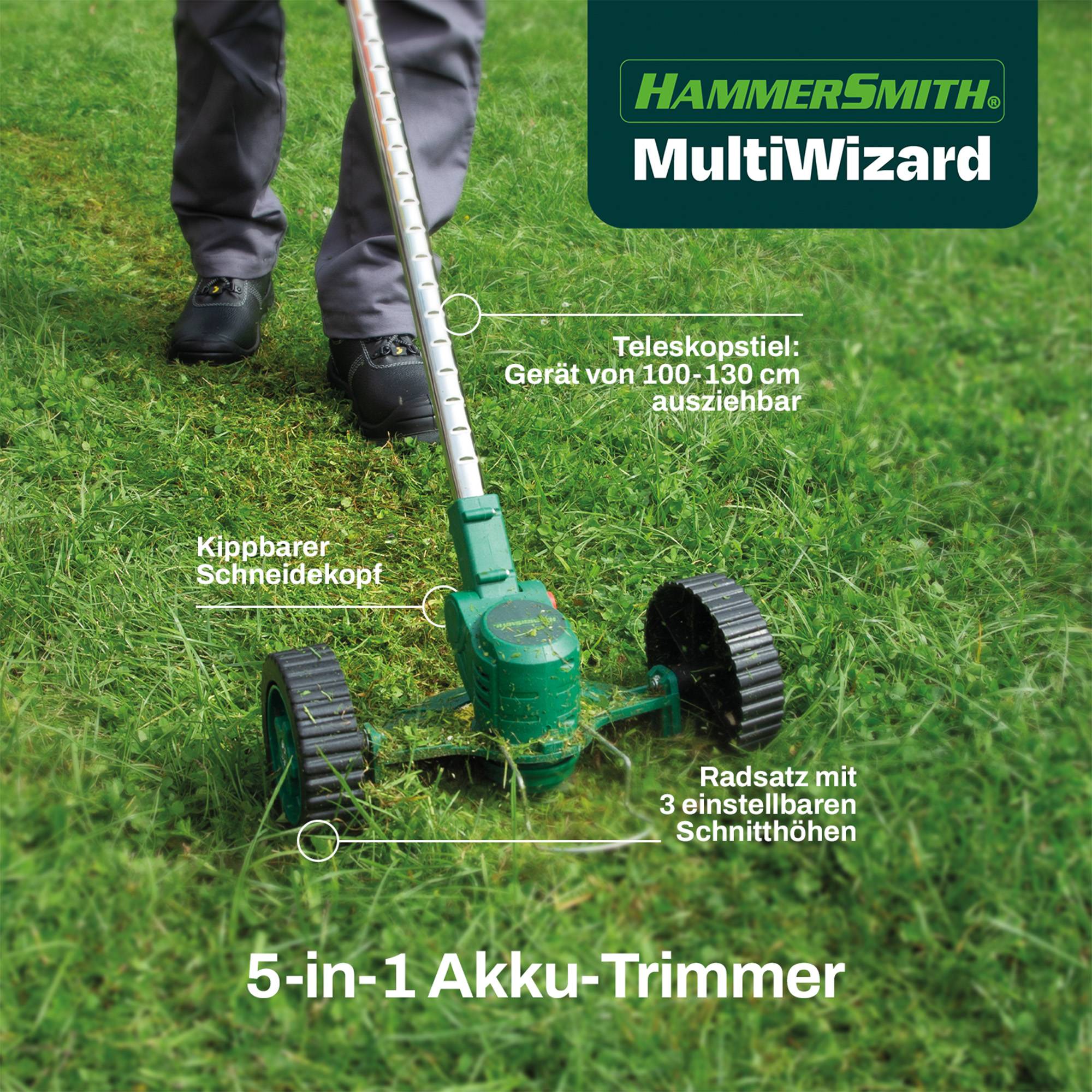 Hammersmith MultiWizard - Das Original aus dem TV - Akku Gartengerät - Rasentrimmer, Rasenmäher, Kantenschneider, Heckenschneider & Unkrautentferner