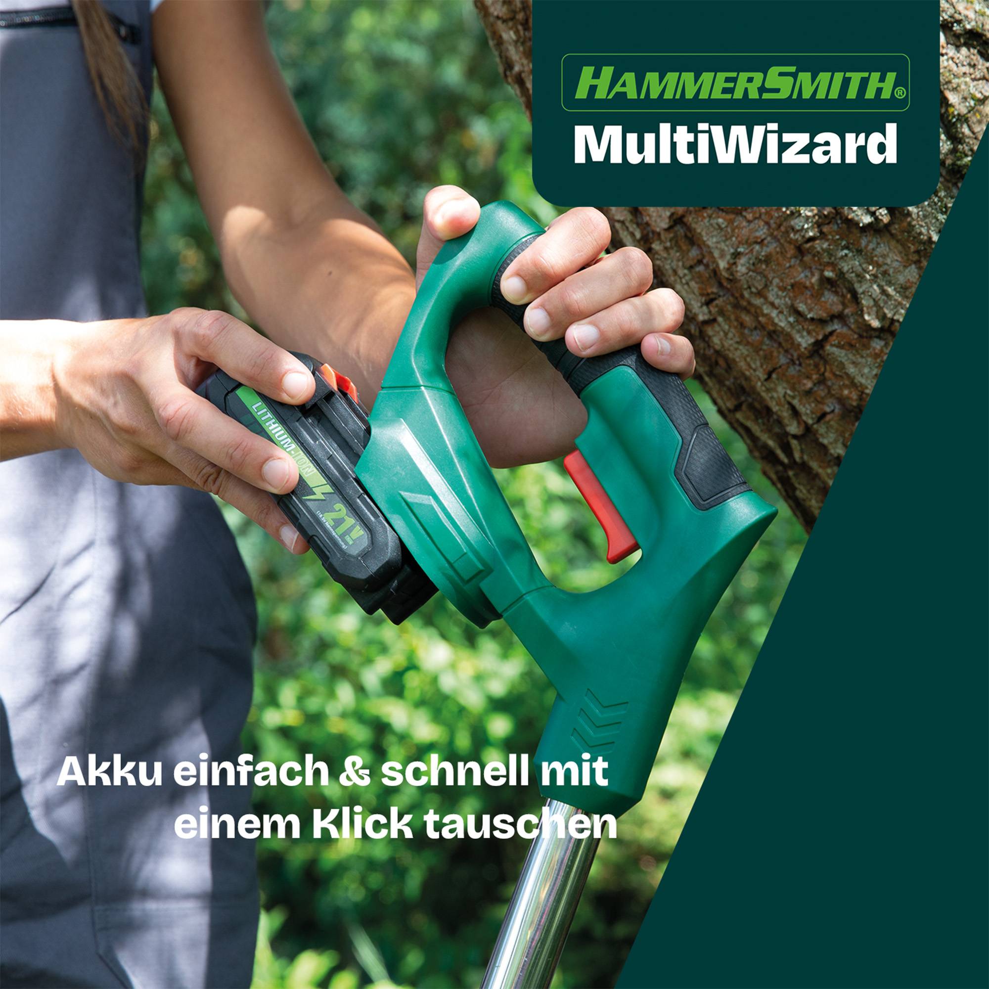 Hammersmith MultiWizard - Das Original aus dem TV - Akku Gartengerät - Rasentrimmer, Rasenmäher, Kantenschneider, Heckenschneider & Unkrautentferner