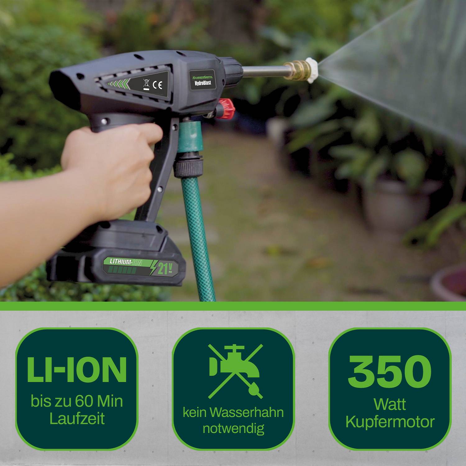 Hammersmith HydroBlast PRO Druckpistole - Akku Druckreiniger für Gartenschlauch - 5m Reichweite - Waschpistole ohne Kabel - Autowaschpistole - 13
