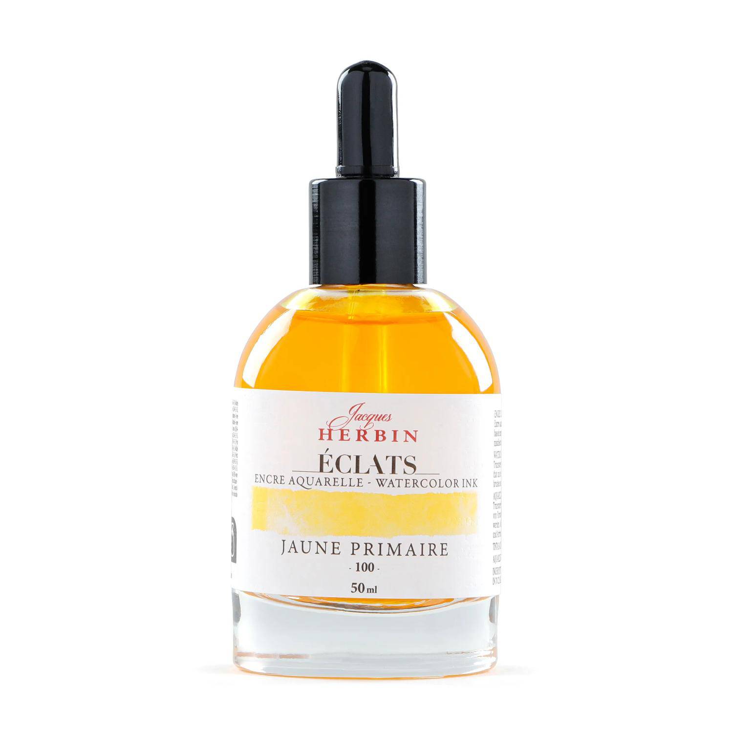 Eine Flasche Jacques Herbin Éclats Aquarelltusche, beschriftet mit 'Jaune Primaire', mit Tropferverschluss und einer orange-gelben Flüssigkeit im Inneren.