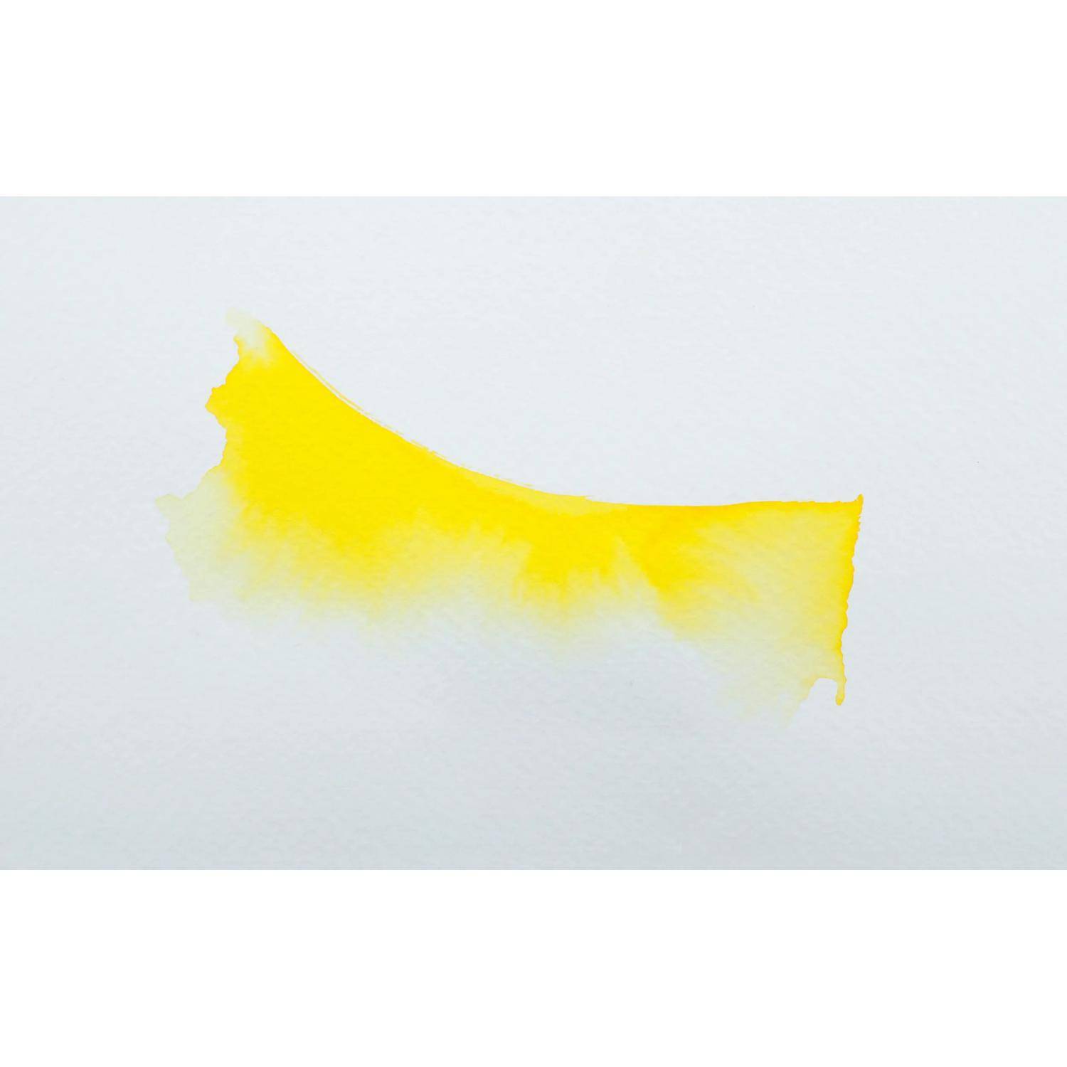 Ein Aquarellspritzer in leuchtendem Gelb auf weißem Hintergrund, der sich sanft zu den Kanten hin verblasst und Leichtigkeit und Kreativität andeutet.