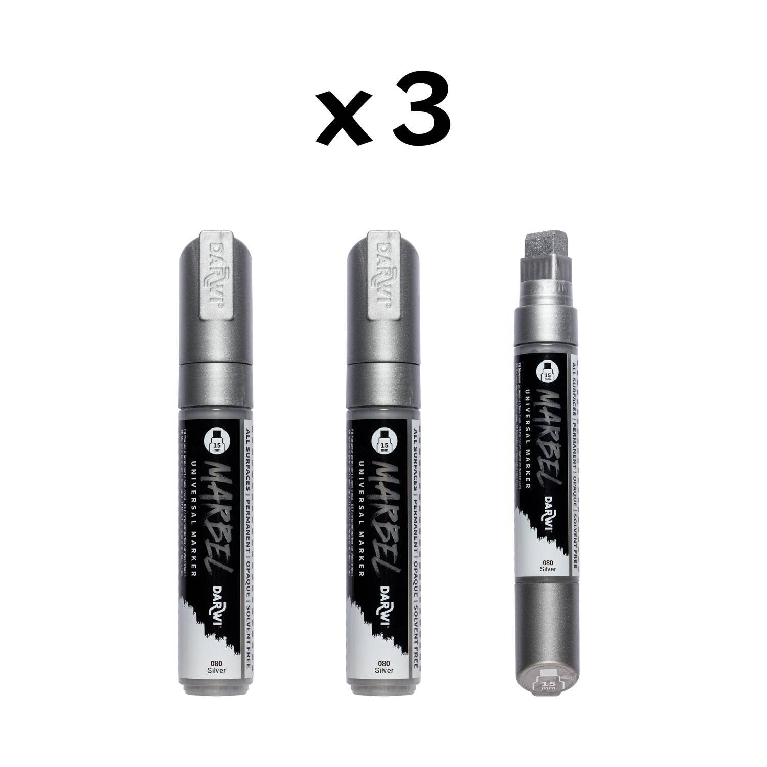 Darwi 3x Marker Acrylfarbe, breite rechteckige Spitze 15mm Silber DA0232015080C